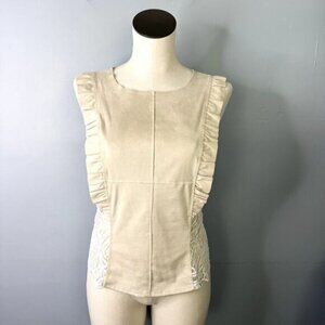 Liberty Garden Tan and Cream Faux Suede Sleeveless Lace Sides Ruffle Top Size S